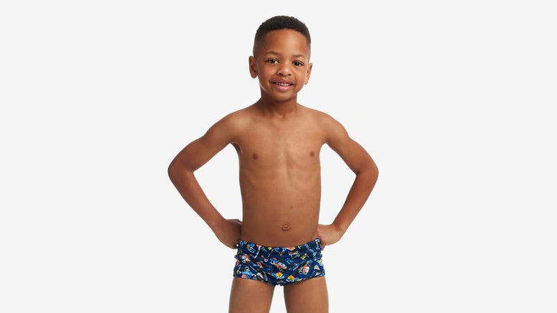 Toddler Boys Printed Trunks - Can We Build It? - Funky Trunks - Splash Swimwear  - Aug23, boys 0-7, funky trunks, new arrivals, new boys, new swim - Splash Swimwear 