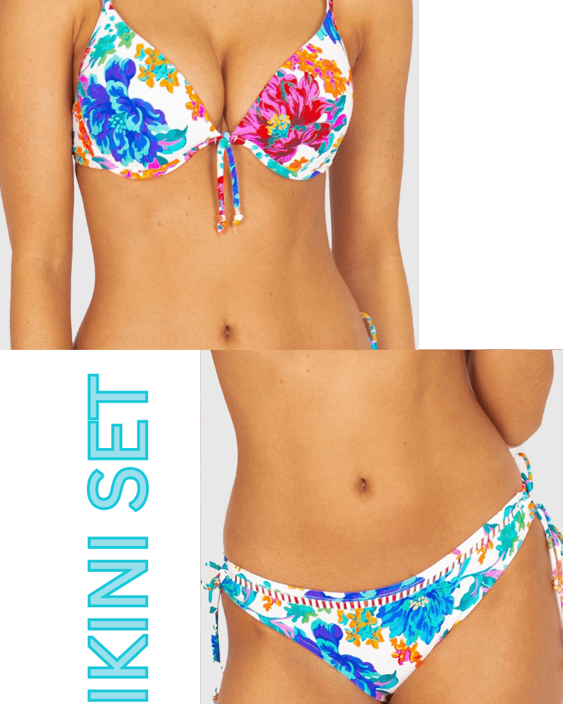 Baku Baku Le Jardin Booster Bikini Bra Top & Tie Side Hipster Bikini Bottom Bikini Set - White Baku Le Jardin Booster Bikini Bra Top & Tie Side Hipster Bikini Bottom Bikini Set - White Splash Swimwear