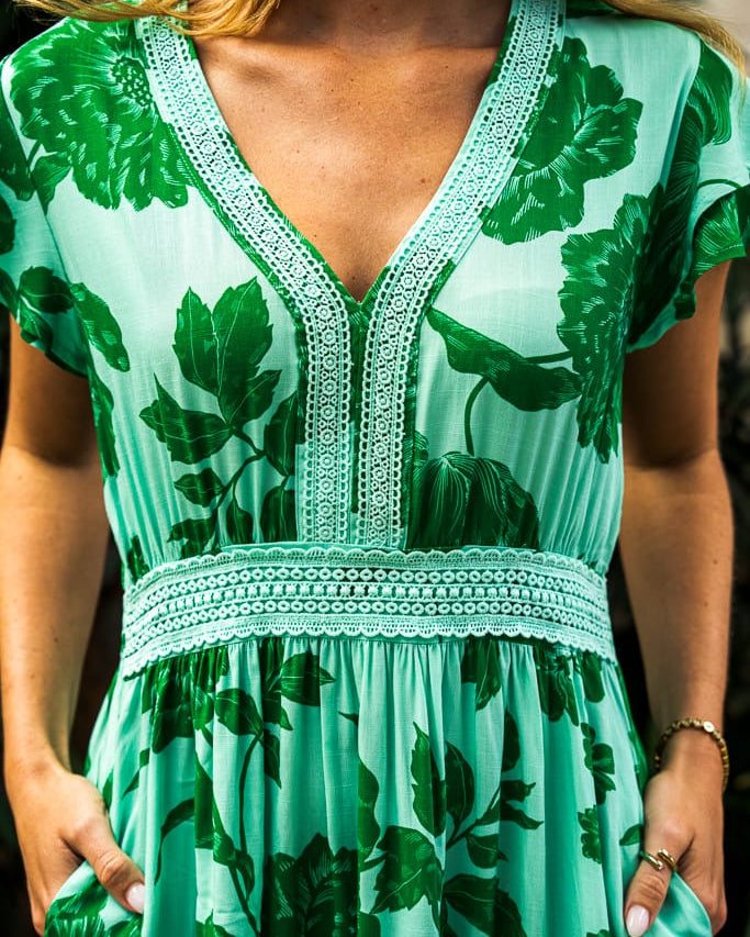 Boho Australia Boho Australia Emaan Dress - Green Floral Boho Australia Emaan Dress - Green Floral Splash Swimwear Dresses