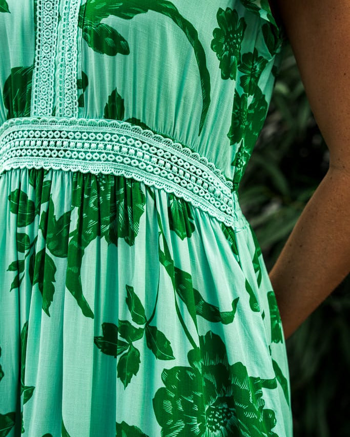 Boho Australia Boho Australia Emaan Midi Dress - Green Floral Boho Australia Emaan Midi Dress - Green Floral Splash Swimwear Dresses