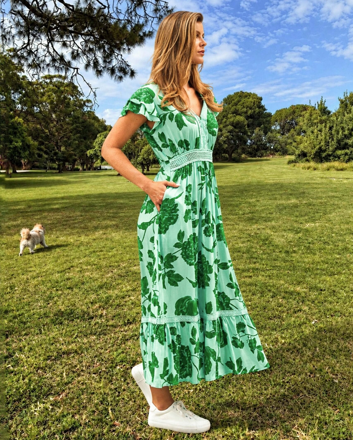 Boho Australia Boho Australia Emaan Midi Dress - Green Floral Boho Australia Emaan Midi Dress - Green Floral Splash Swimwear Dresses