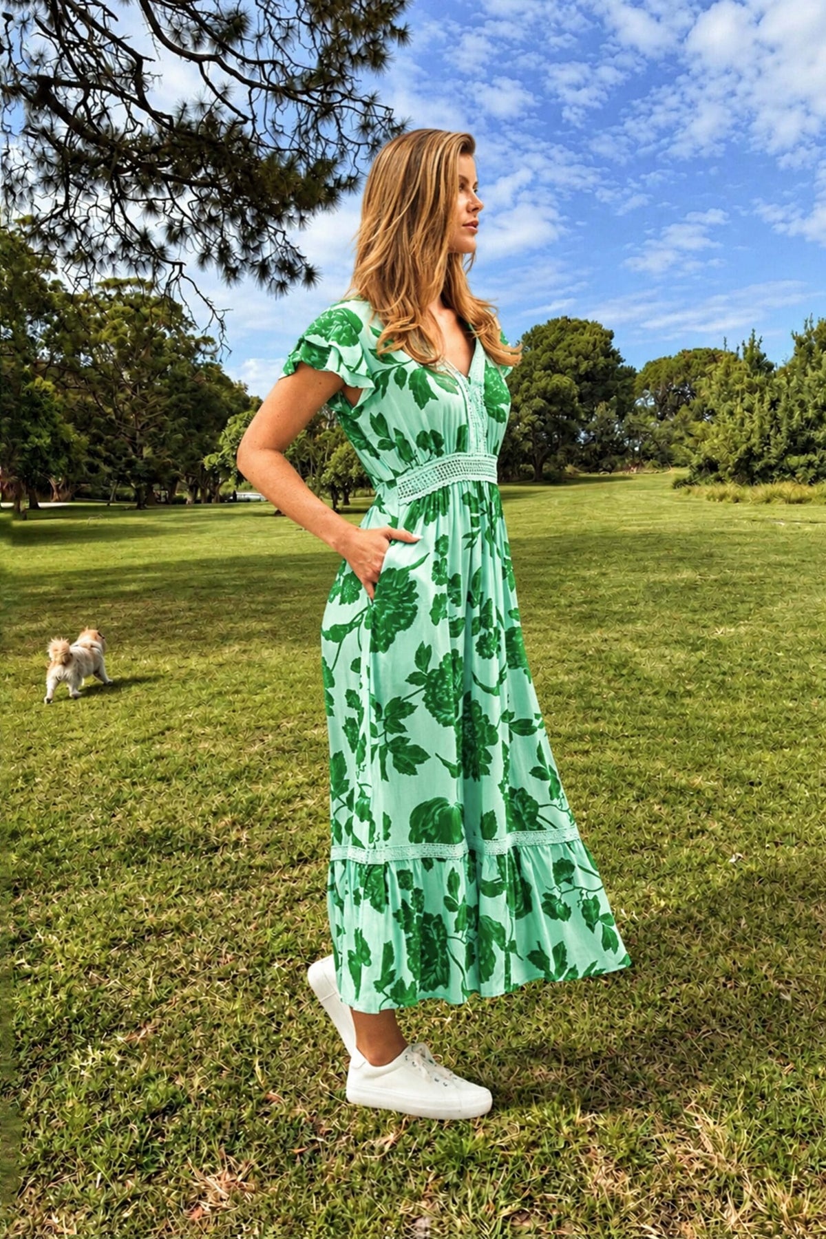 Boho Australia Boho Australia Emaan Midi Dress - Green Floral Boho Australia Emaan Midi Dress - Green Floral Splash Swimwear Dresses