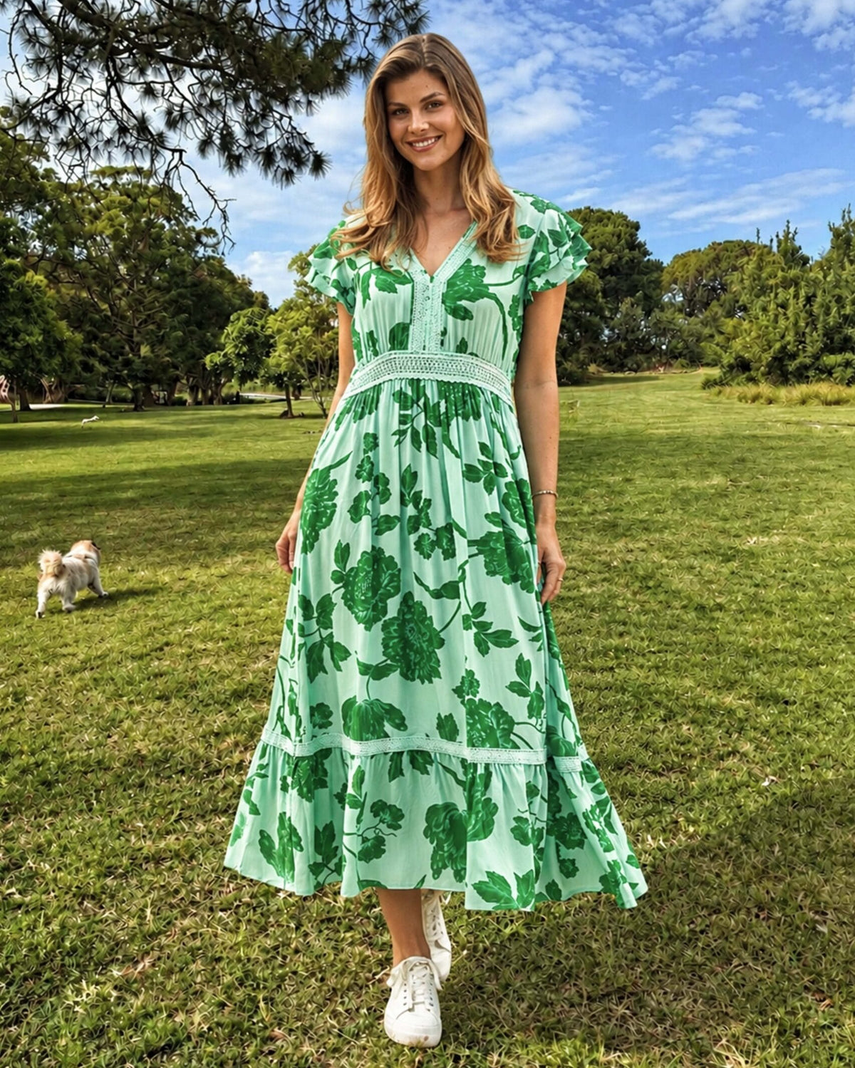 Boho Australia Boho Australia Emaan Midi Dress - Green Floral Boho Australia Emaan Midi Dress - Green Floral Splash Swimwear Dresses