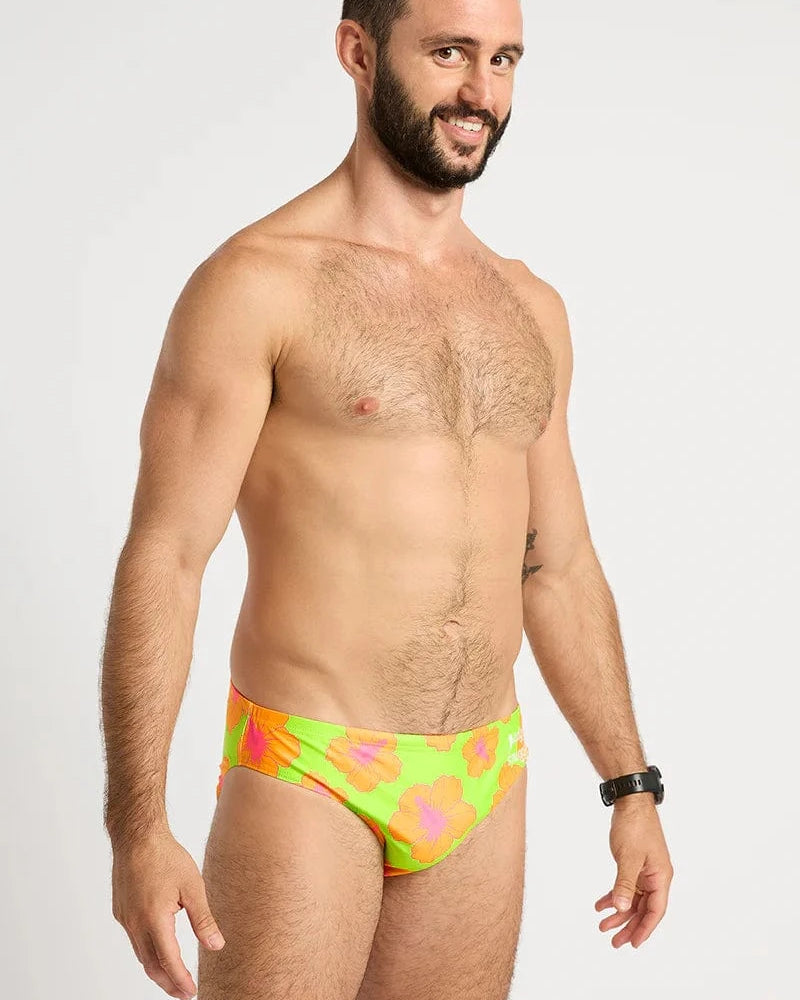 Budgy Smuggler Orange and Green Hibiscus Orange and Green Hibiscus Splash Swimwear