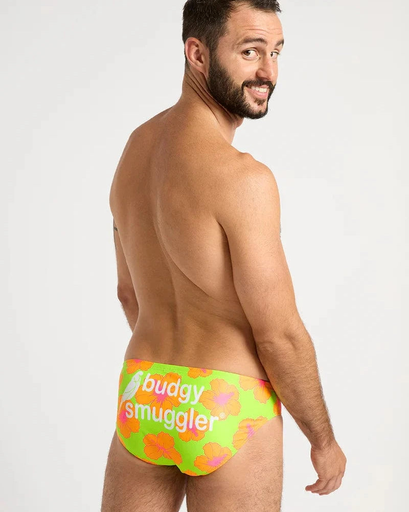 Budgy Smuggler Orange and Green Hibiscus Orange and Green Hibiscus Splash Swimwear
