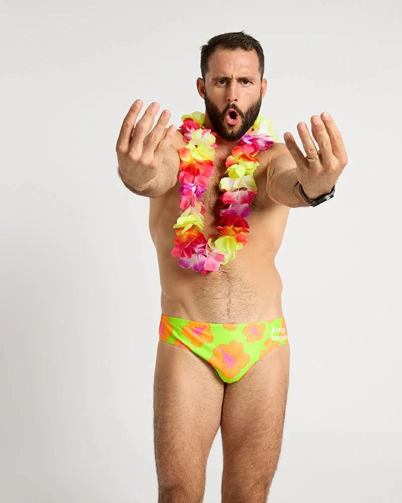 Budgy Smuggler Orange and Green Hibiscus Orange and Green Hibiscus Splash Swimwear