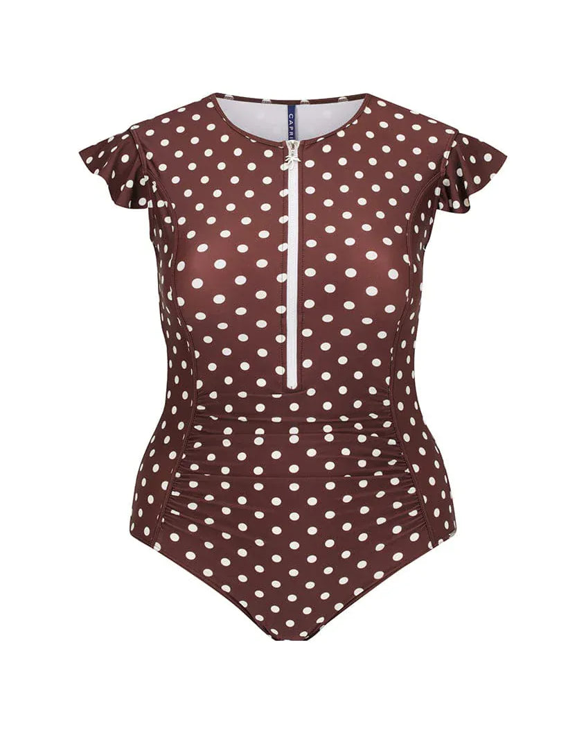 Capriosca Capriosca Chocolate Polka Dot Frill Sleeve One Piece Capriosca Chocolate Polka Dot Frill Sleeve One Piece Splash Swimwear One Pieces