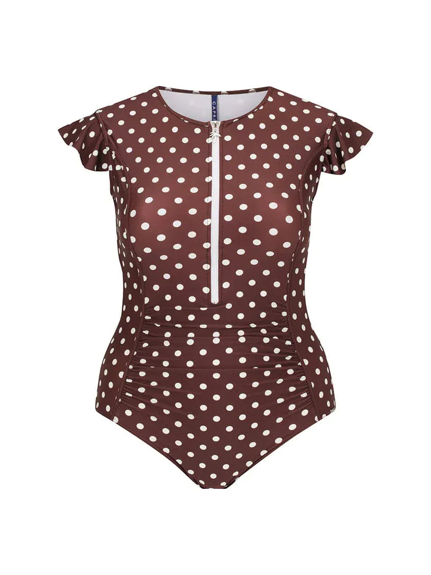 Capriosca Capriosca Chocolate Polka Dot Frill Sleeve One Piece Capriosca Chocolate Polka Dot Frill Sleeve One Piece Splash Swimwear One Pieces