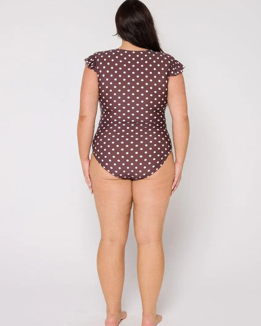 Capriosca Capriosca Chocolate Polka Dot Frill Sleeve One Piece Capriosca Chocolate Polka Dot Frill Sleeve One Piece Splash Swimwear One Pieces
