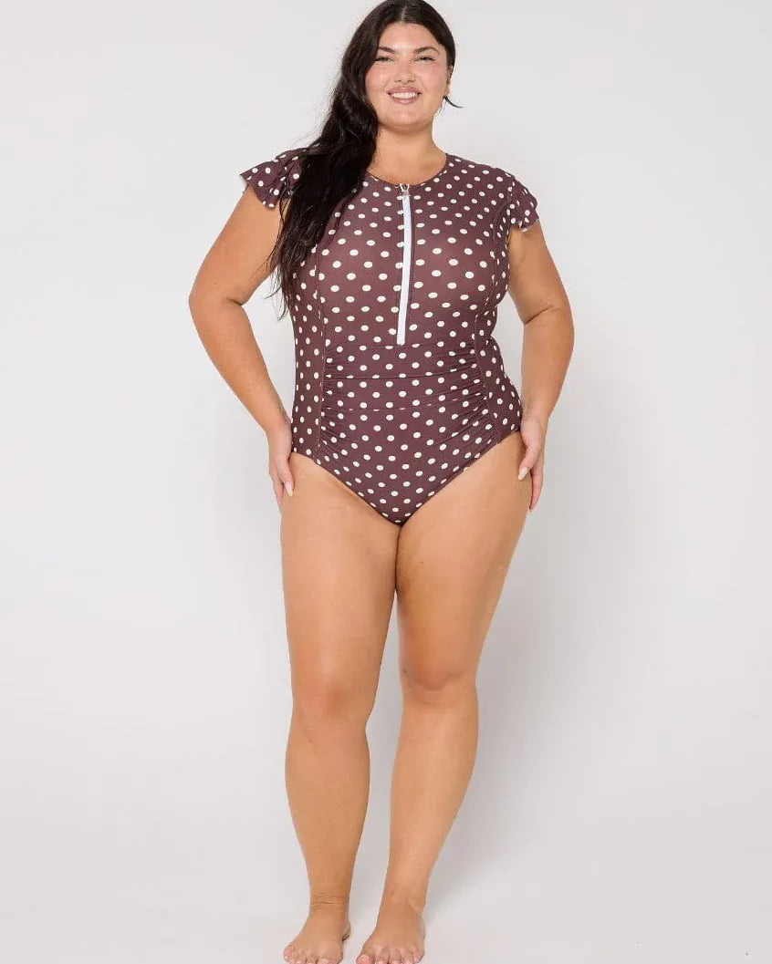 Capriosca Capriosca Chocolate Polka Dot Frill Sleeve One Piece Capriosca Chocolate Polka Dot Frill Sleeve One Piece Splash Swimwear One Pieces