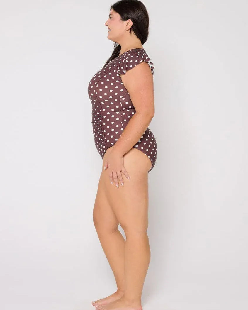 Capriosca Capriosca Chocolate Polka Dot Frill Sleeve One Piece Capriosca Chocolate Polka Dot Frill Sleeve One Piece Splash Swimwear One Pieces