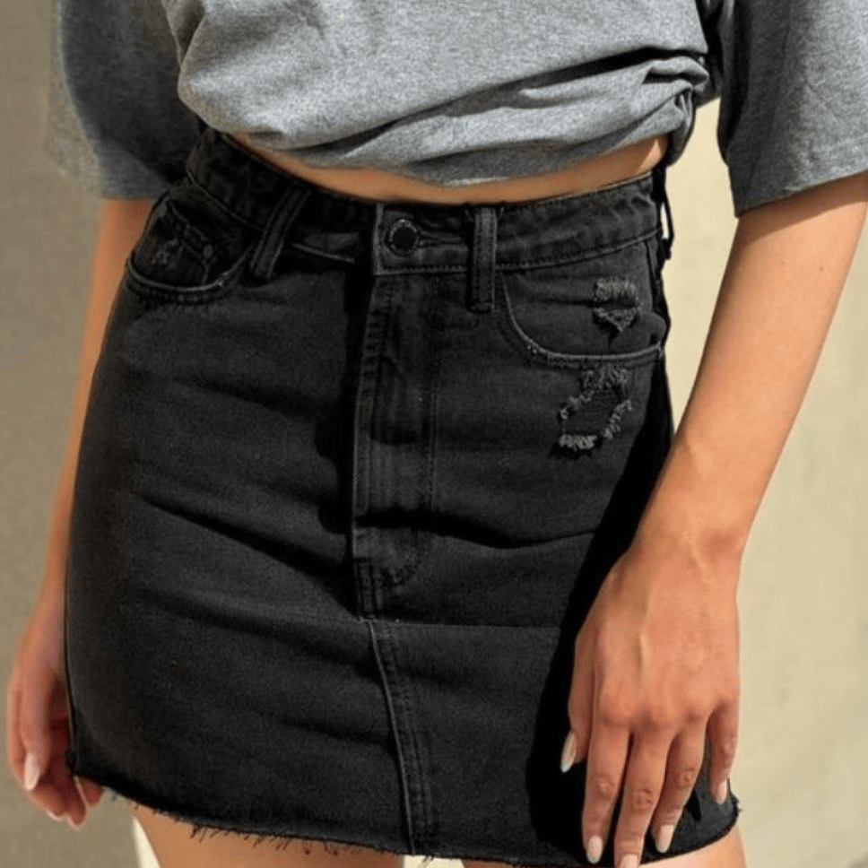 Country Denim Denim A-line Raw Hem Mini Skirt CGK1009-BLACK Light Wash Denim A-line Mini Skirt Splash Swimwear Black / 6 1000031474