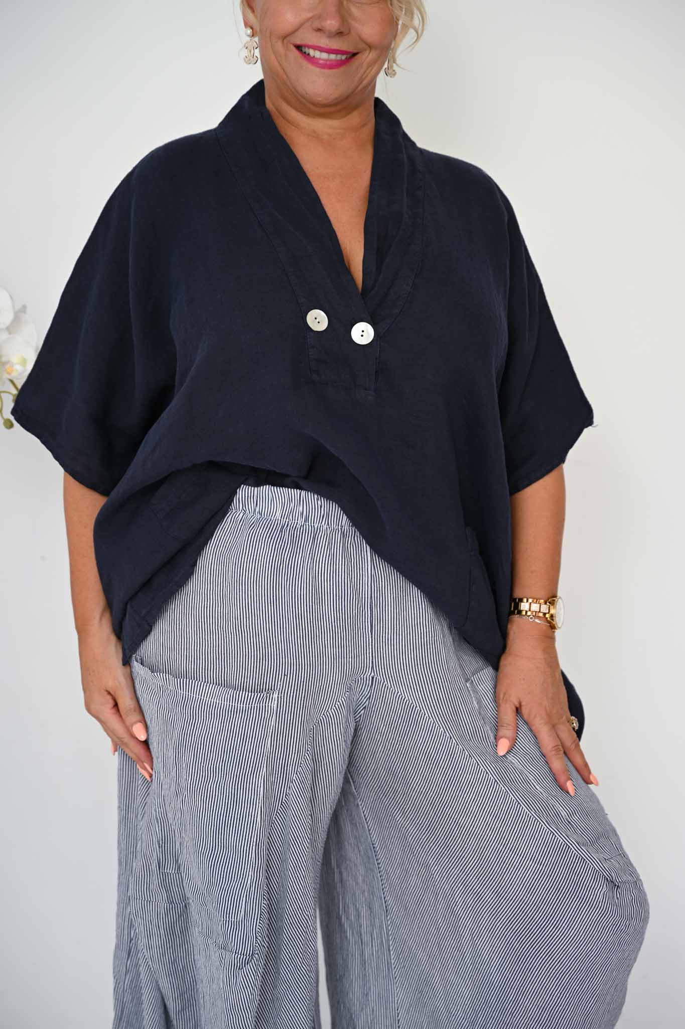 Donna Donna Donna Donna Alicia Pant - Navy Pinstripe Alicia Pant 2440 Black Check | Donna Donna Splash Swimwear Pant