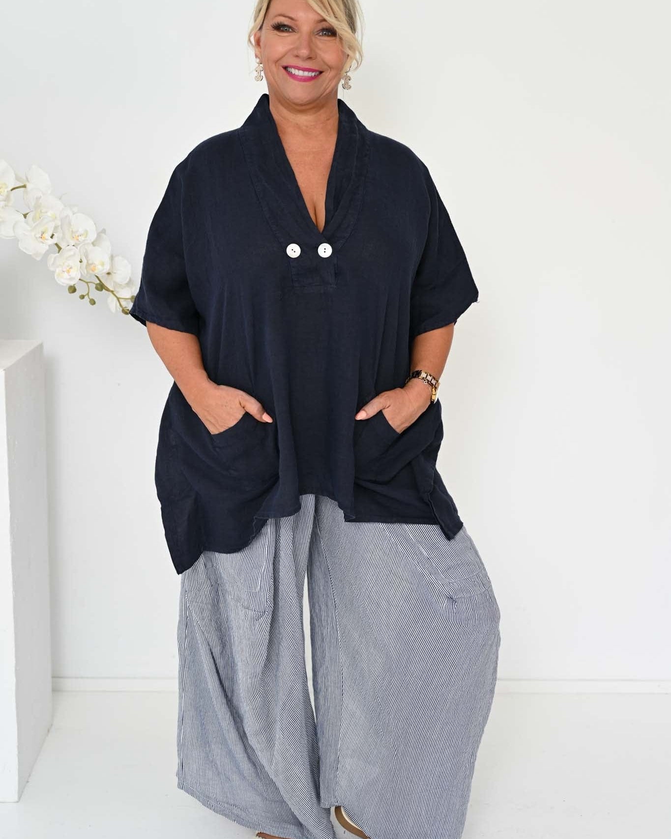 Donna Donna Donna Donna Alicia Pant - Navy Pinstripe Alicia Pant 2440 Black Check | Donna Donna Splash Swimwear Pant