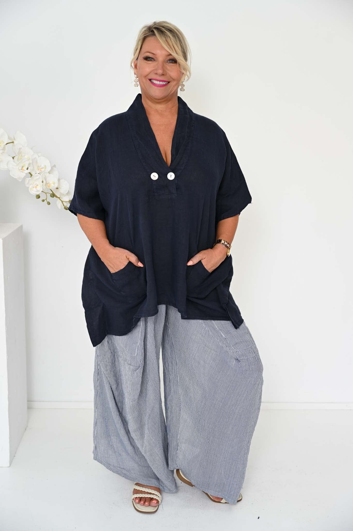 Donna Donna Donna Donna Alicia Pant - Navy Pinstripe Alicia Pant 2440 Black Check | Donna Donna Splash Swimwear Pant
