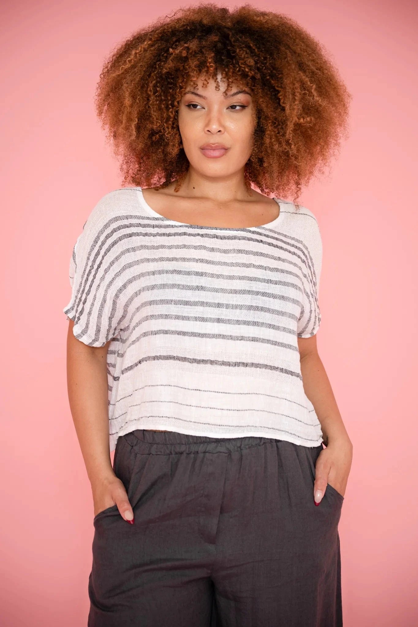 Donna Donna Tuscan Grey Stripe Top 2861 Donna Donna Tuscan Linen Top Splash Swimwear Tops White / O/S 2861GSWH