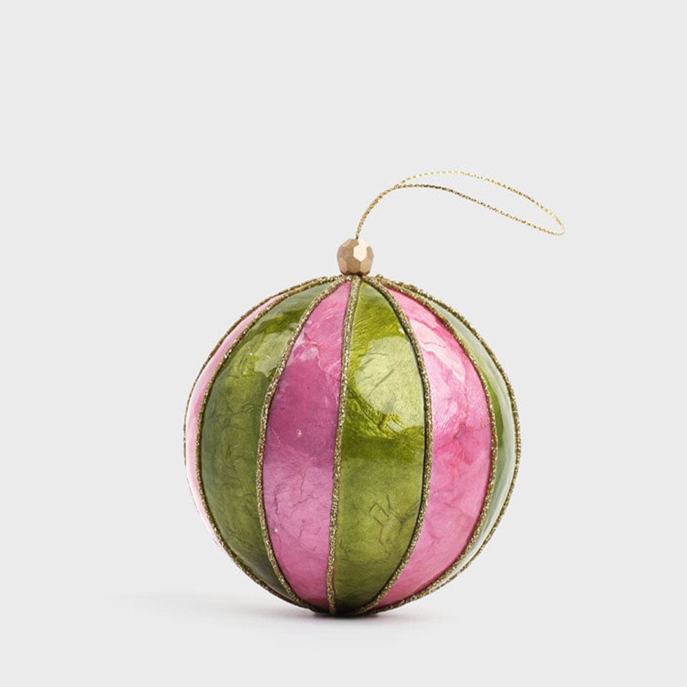 Florabelle Living Stripe Handpainted Capiz Bauble Green & Pink X260863 Stripe Handpainted Capiz Bauble Green & Pink Splash Swimwear Christmas Decoration 9339483304376