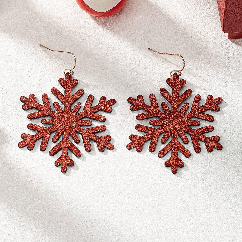 Glitterbugs Christmas Earrings PU Leather - Glitter Snowflake Christmas Earrings PU Leather - Glitter Snowflake Splash Swimwear Earrings Red 1000028344