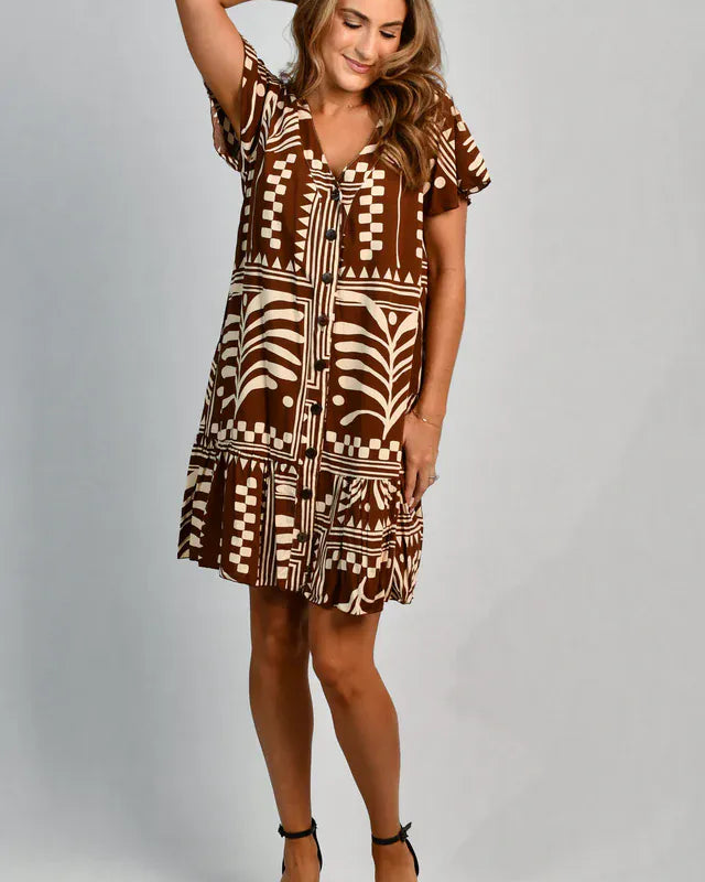 Go Girl Go Girl Cap Sleeve Button Dress - Tribal Artisan Brown Go Girl Cap Sleeve Button Dress - Tribal Artisan Brown Splash Swimwear Dresses