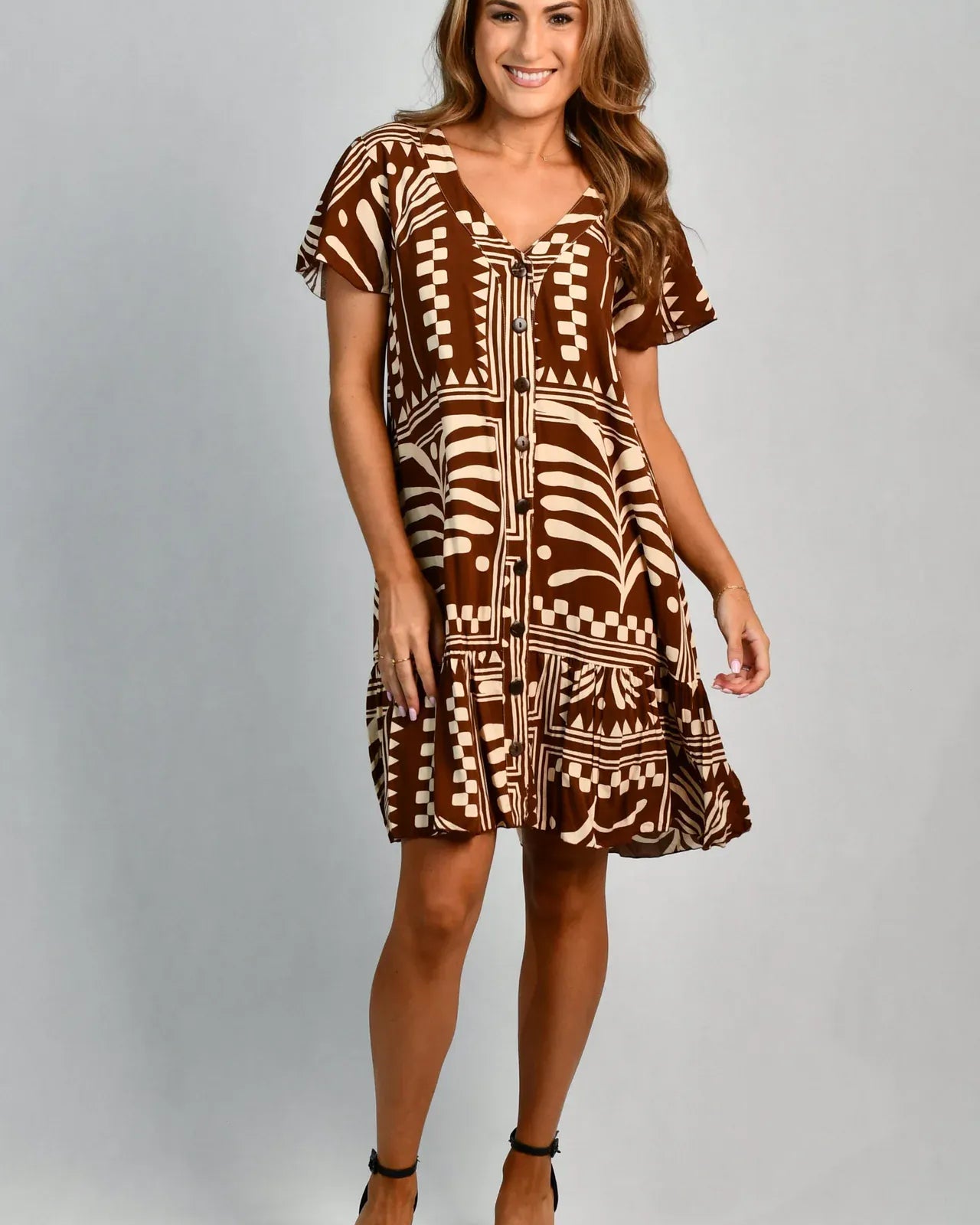 Go Girl Go Girl Cap Sleeve Button Dress - Tribal Artisan Brown Go Girl Cap Sleeve Button Dress - Tribal Artisan Brown Splash Swimwear Dresses
