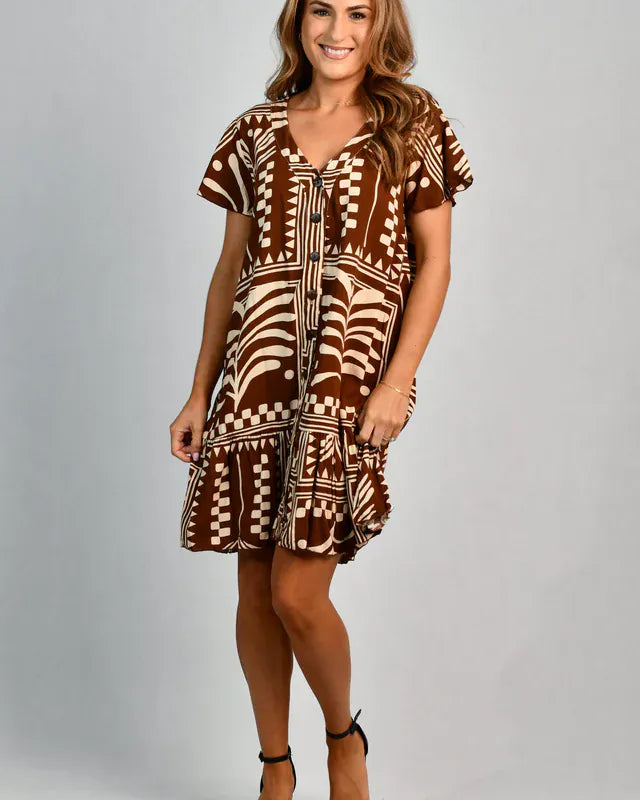 Go Girl Go Girl Cap Sleeve Button Dress - Tribal Artisan Brown Go Girl Cap Sleeve Button Dress - Tribal Artisan Brown Splash Swimwear Dresses