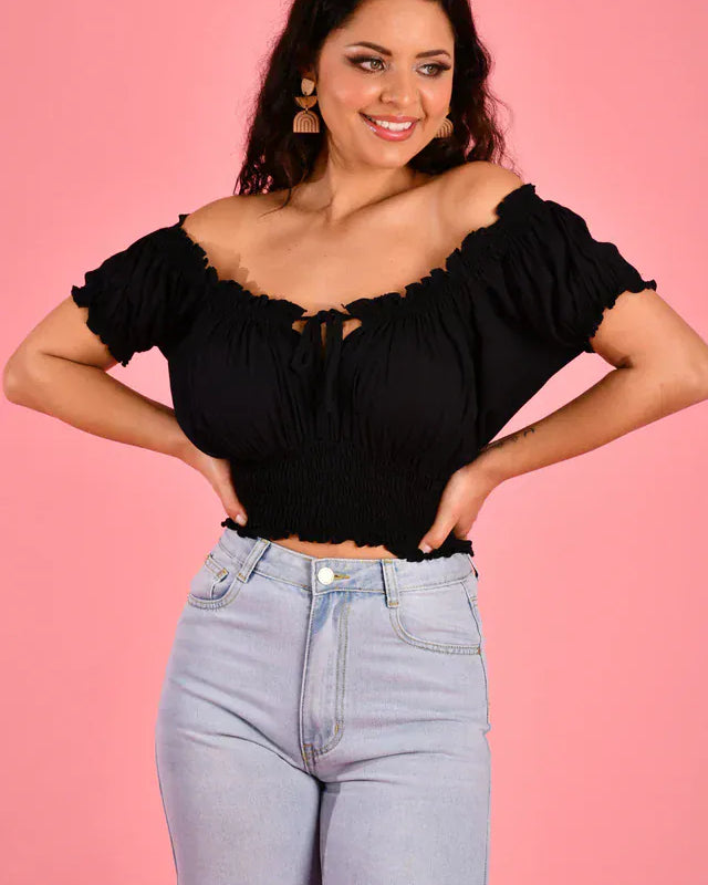 Go Girl Go Girl Peasant Top With Rouched Hem - Black Go Girl Peasant Top With Rouched Hem - Black Splash Swimwear