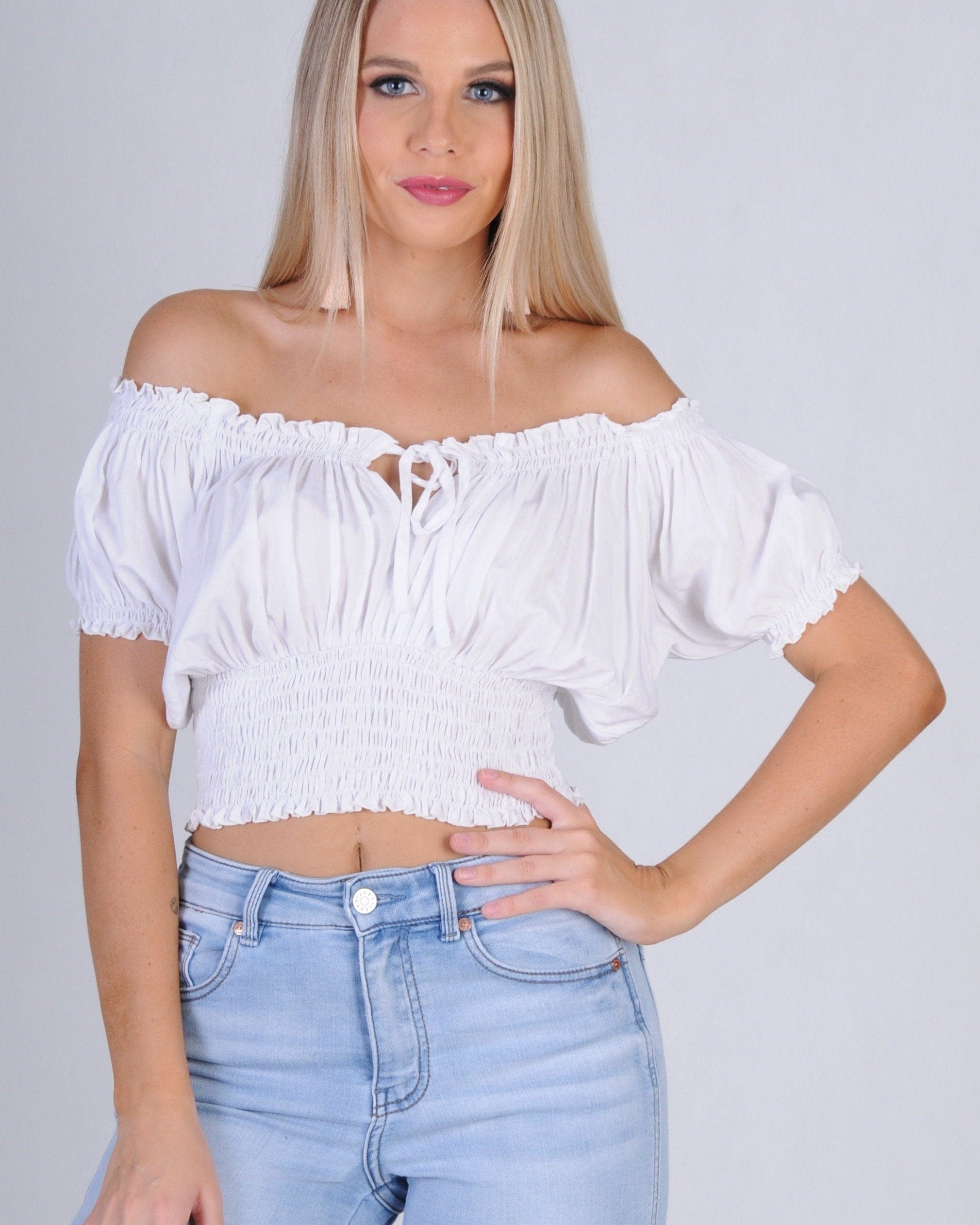Go Girl Peasant Top With Ruched Hem Splash Swimwear Tops