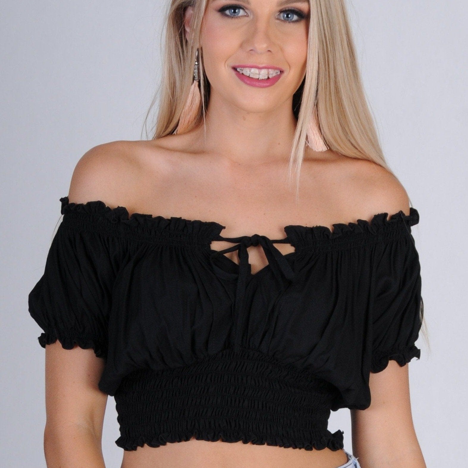 Go Girl Peasant Top With Ruched Hem VGLT106 Splash Swimwear Tops Black / S/M 9343064022603