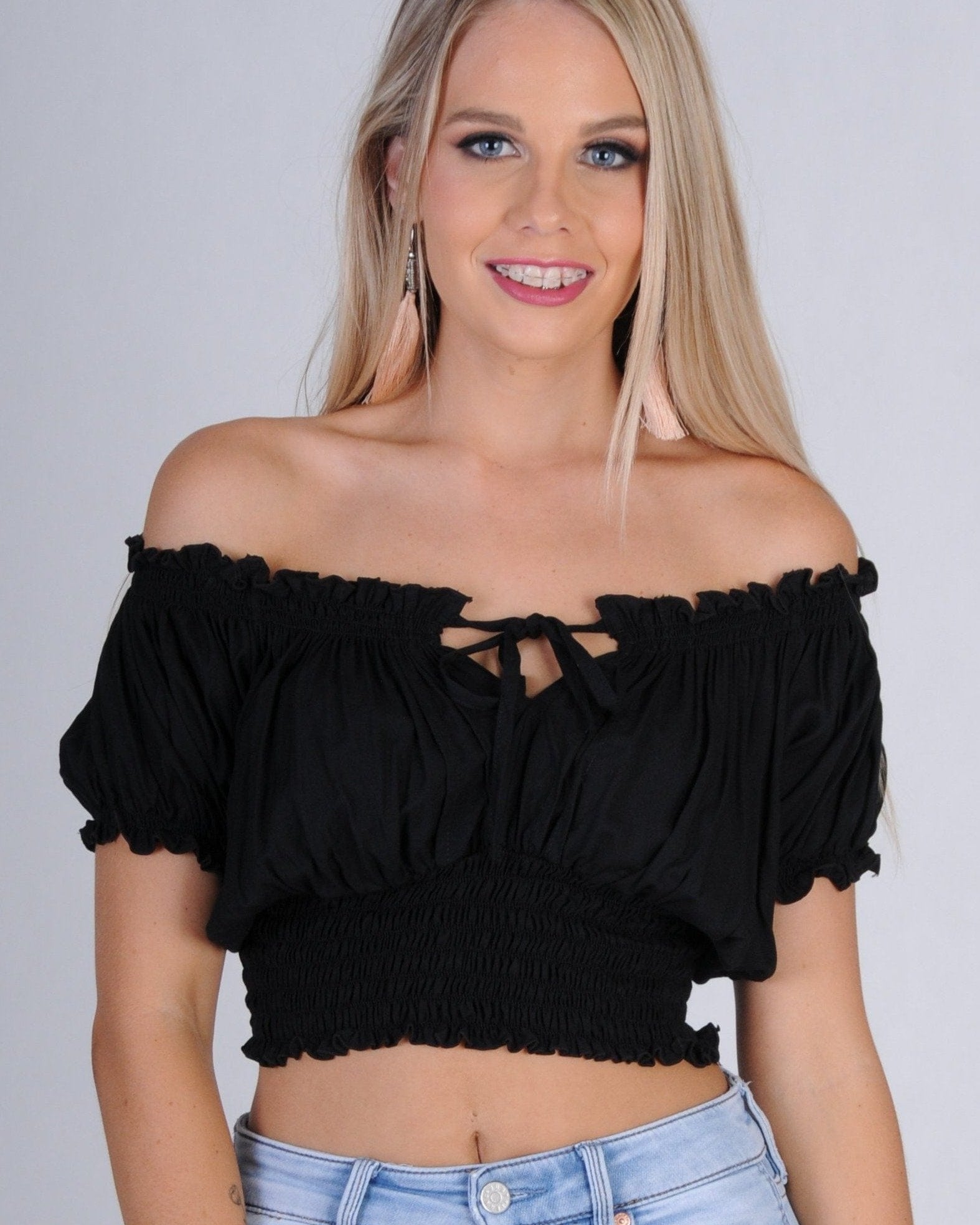 Go Girl Peasant Top With Ruched Hem VGLT106 Splash Swimwear Tops Black / S/M 9343064022603