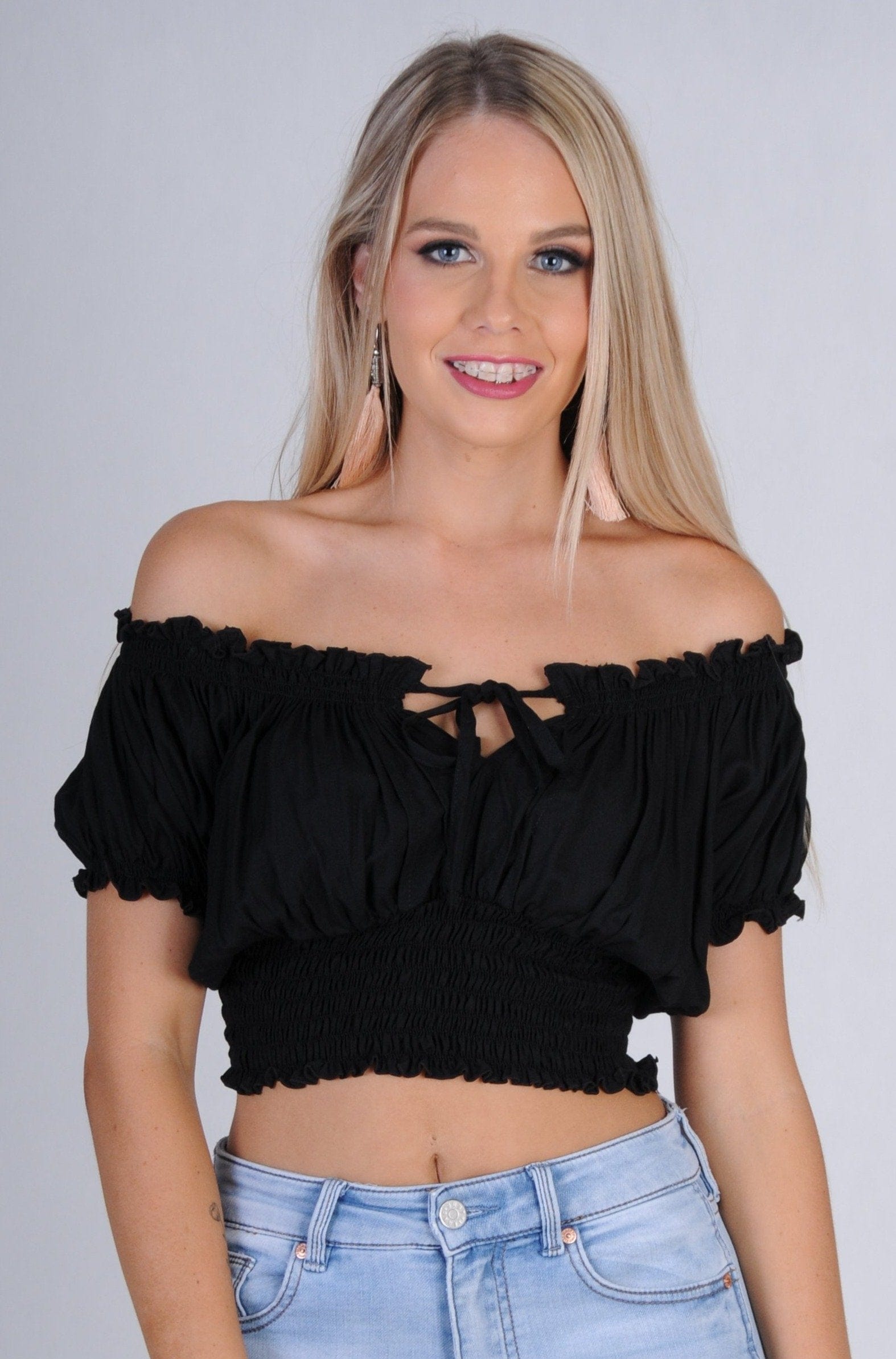 Go Girl Peasant Top With Ruched Hem VGLT106 Splash Swimwear Tops Black / S/M 9343064022603