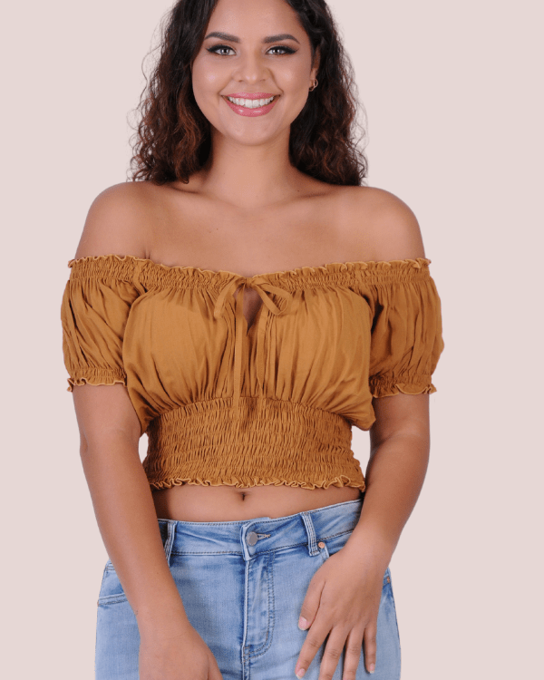 Go Girl Peasant Top With Ruched Hem VGLT106 Splash Swimwear Tops Cinnamon / S/M 9343064098073