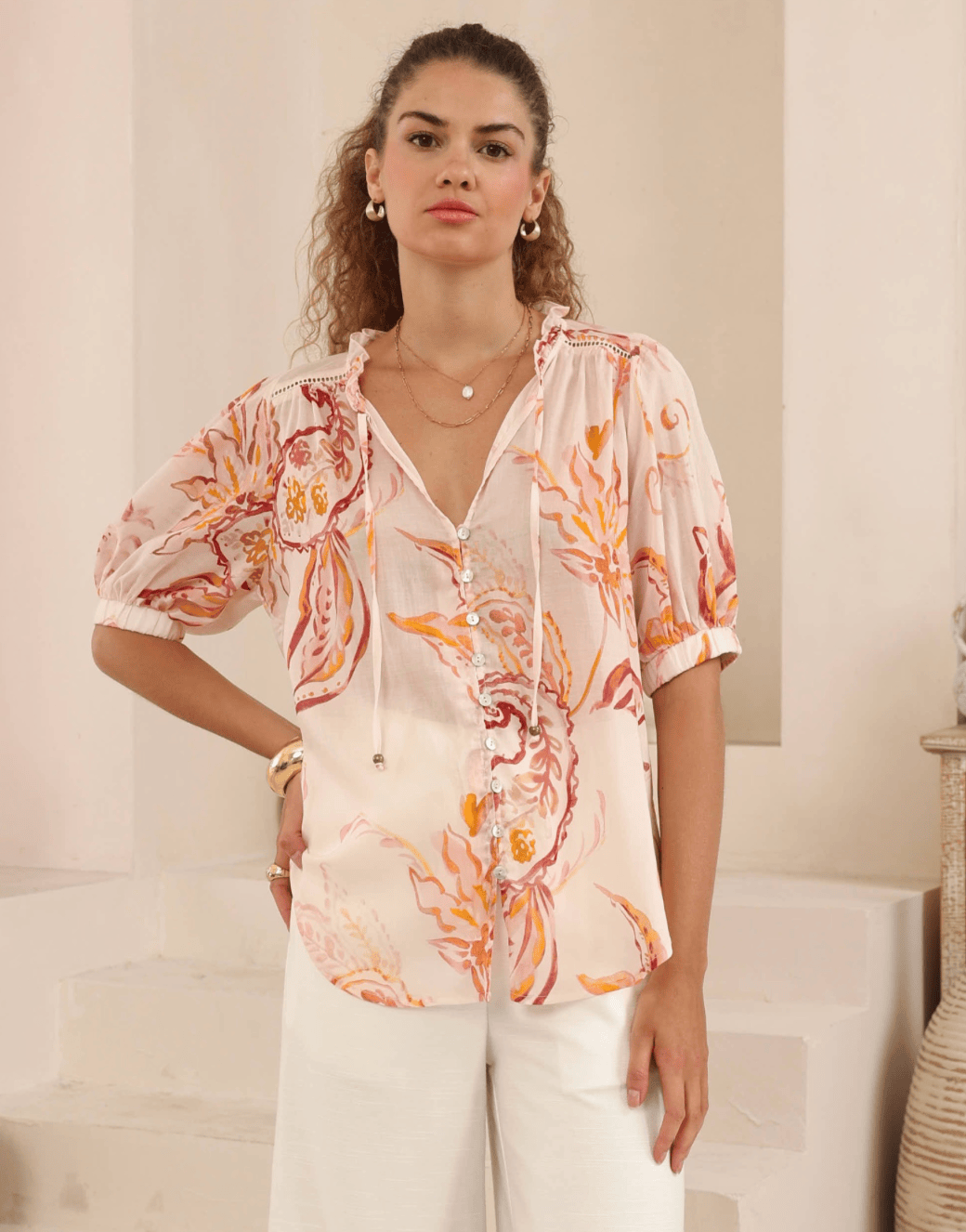 Iris Maxi Iris Maxi Botanica Blush Top Iris Maxi Wide Leg Pant - Beige/Black Splash Swimwear Tops