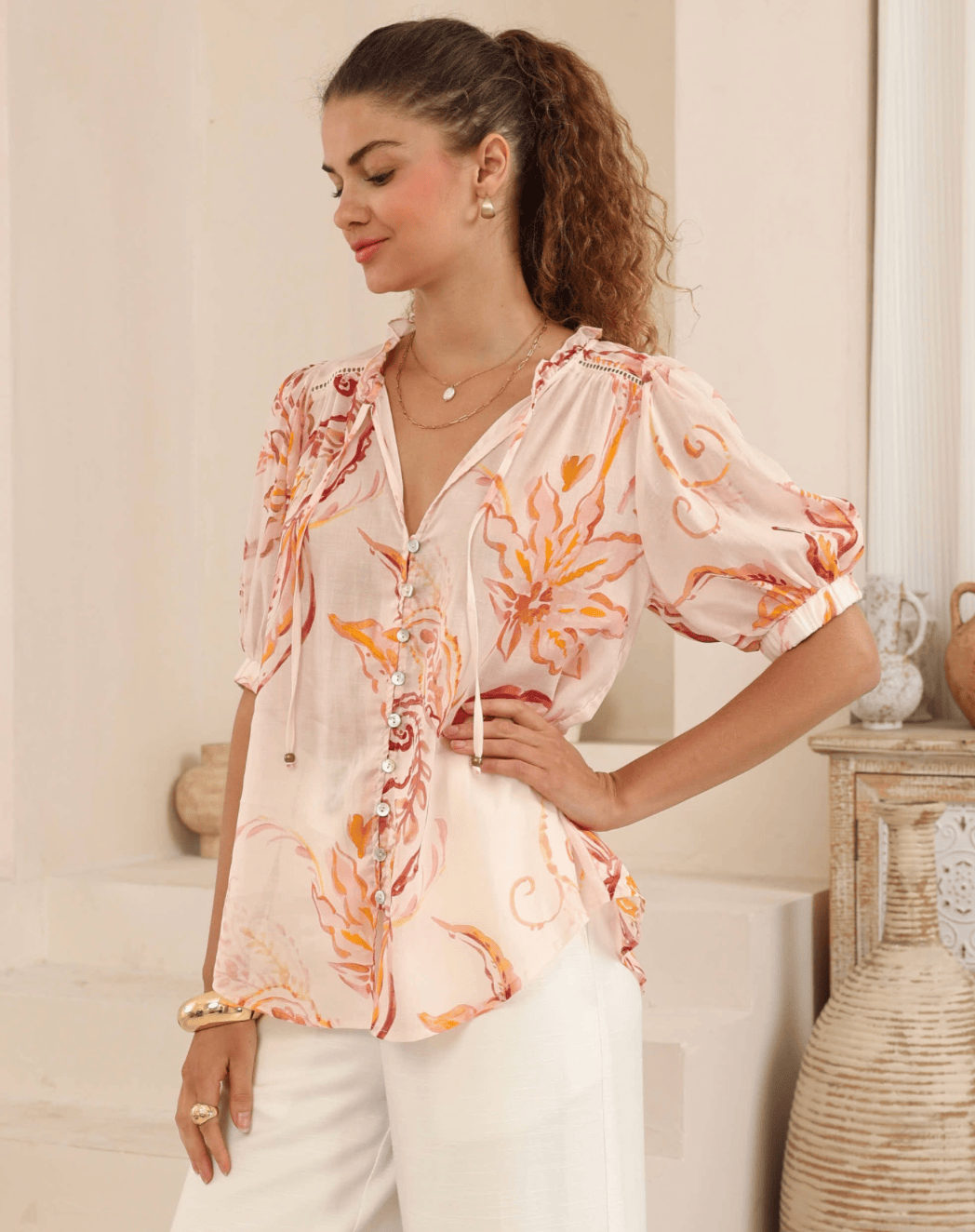 Iris Maxi Iris Maxi Botanica Blush Top Iris Maxi Wide Leg Pant - Beige/Black Splash Swimwear Tops