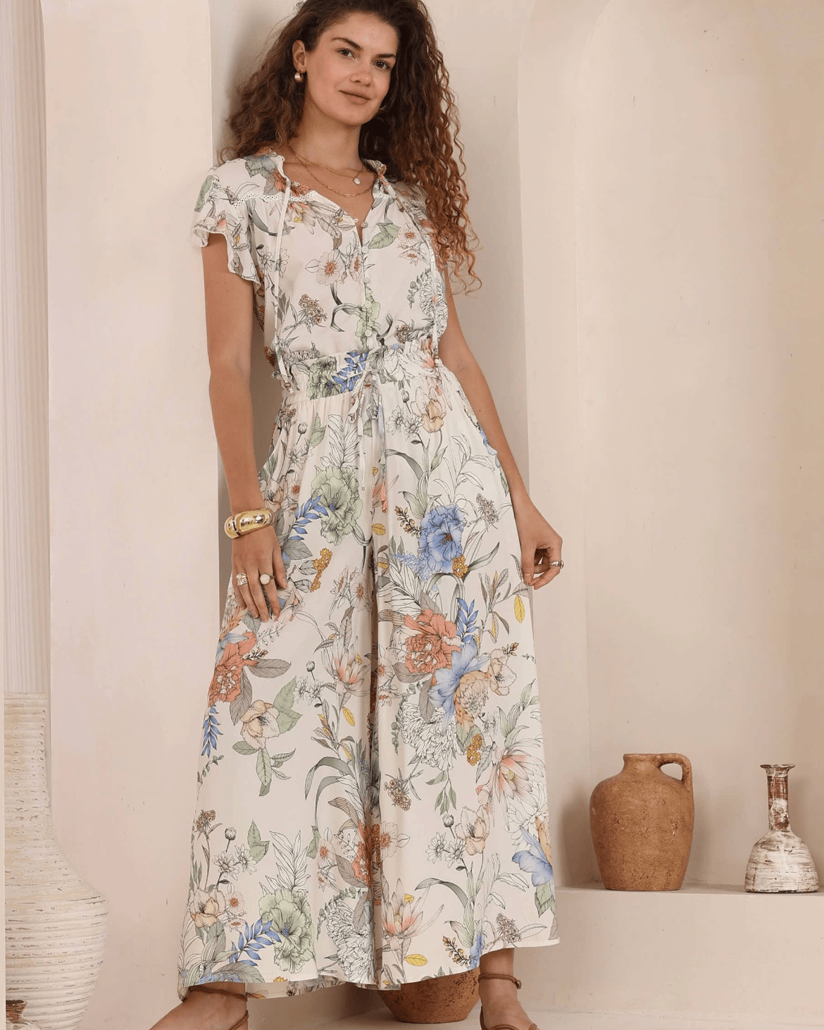 Iris Maxi Iris Maxi Botanical Meadow Top Iris Maxi Wide Leg Pant - Beige/Black Splash Swimwear Tops