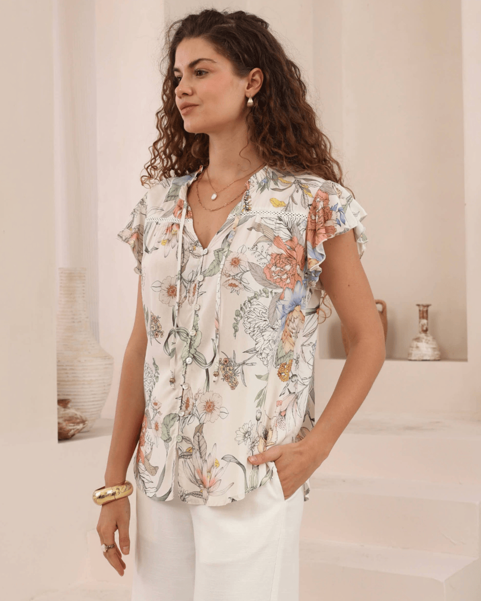 Iris Maxi Iris Maxi Botanical Meadow Top Iris Maxi Wide Leg Pant - Beige/Black Splash Swimwear Tops