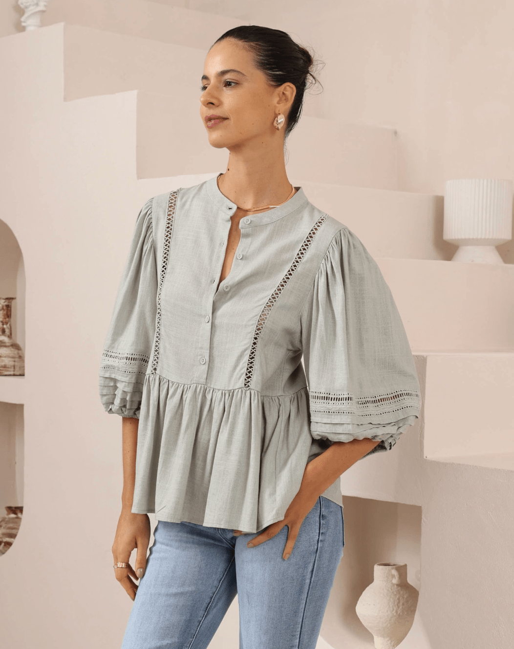 Iris Maxi Iris Maxi Button Front Top w/Frill - Khaki Iris Maxi Wide Leg Pant - Beige/Black Splash Swimwear Tops