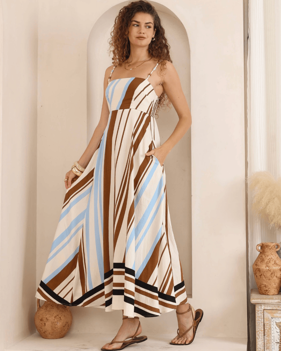Iris Maxi Iris Maxi Coastal Earth Stripe Maxi Dress Iris Maxi Coastal Earth Stripe Maxi Dress Splash Swimwear Dresses