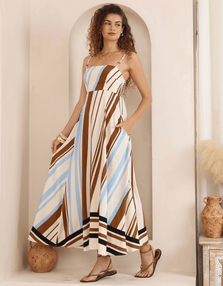 Iris Maxi Iris Maxi Coastal Earth Stripe Maxi Dress Iris Maxi Coastal Earth Stripe Maxi Dress Splash Swimwear Dresses