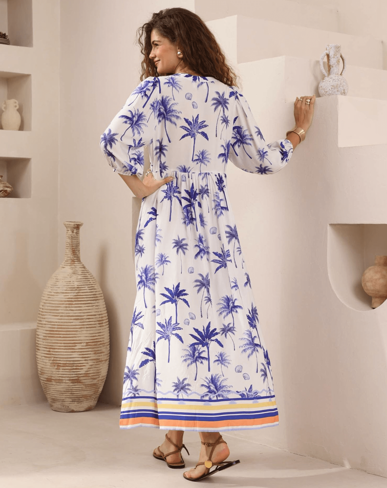Iris Maxi Iris Maxi Island Palms Sleeved Maxi Dress - White/Blue Iris Maxi Island Palms Sleeved Maxi Dress - White/Blue Splash Swimwear Dresses