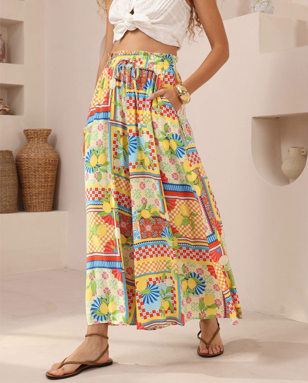 Iris Maxi Iris Maxi Lemon Fiesta Wide Leg Pants Iris Maxi Wide Leg Pant - Beige/Black Splash Swimwear Clothing Pant