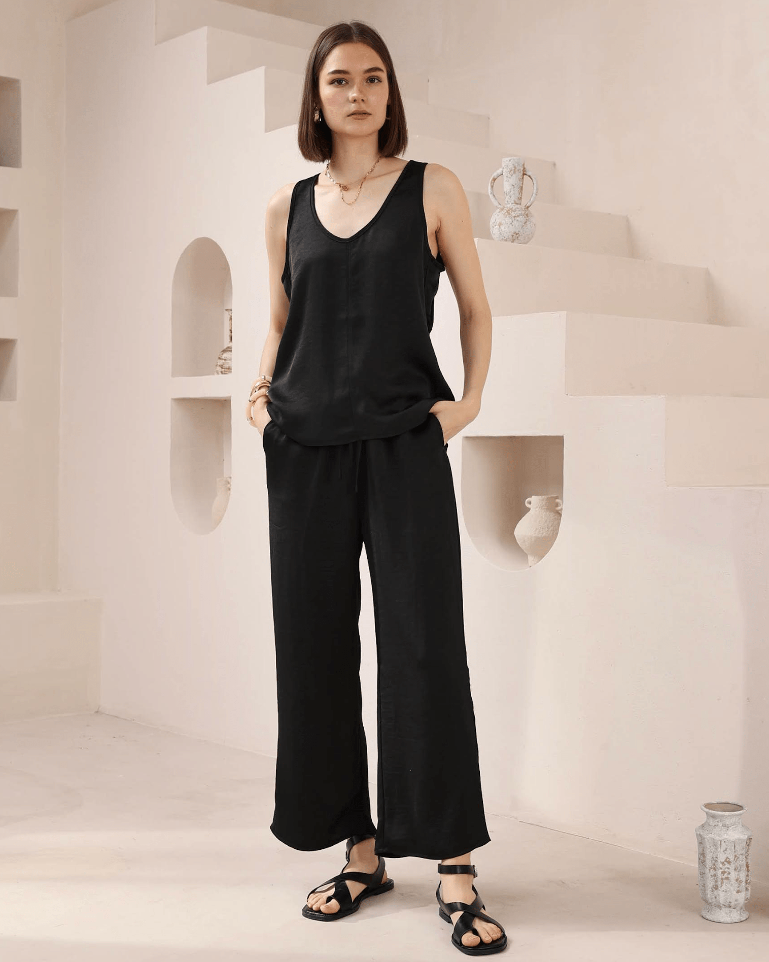 Iris Maxi Iris Maxi Lounge Cami Iris Maxi Wide Leg Pant - Beige/Black Splash Swimwear Tops