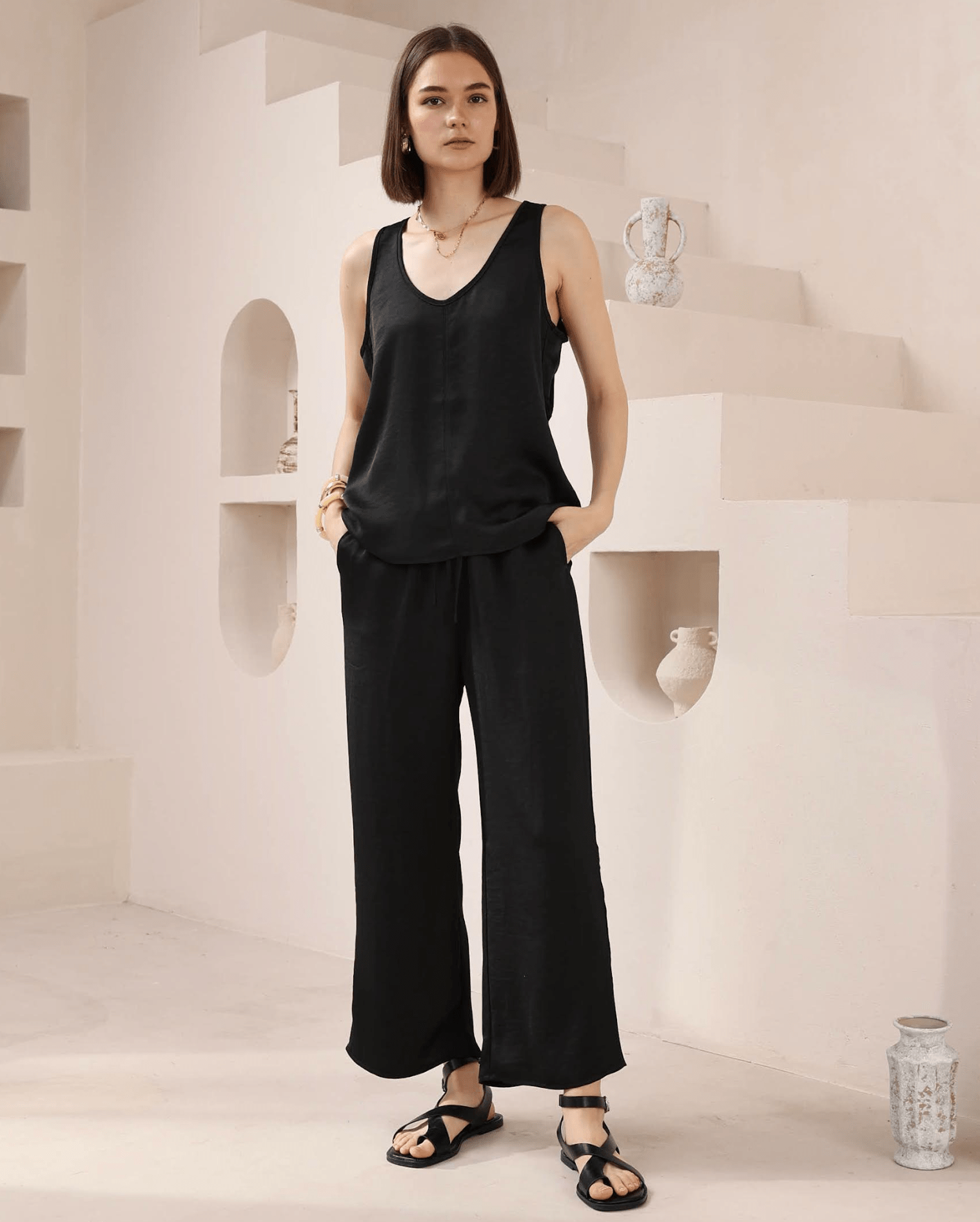 Iris Maxi Iris Maxi Lounge Pant Iris Maxi Wide Leg Pant - Beige/Black Splash Swimwear Pants