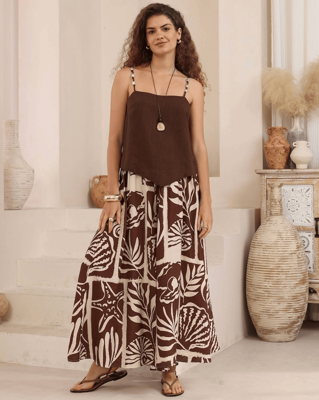 Iris Maxi Iris Maxi Mocha Sea Shells Wide Leg Pant Iris Maxi Mocha Sea Shells Wide Leg Pant Splash Swimwear Womens Pants