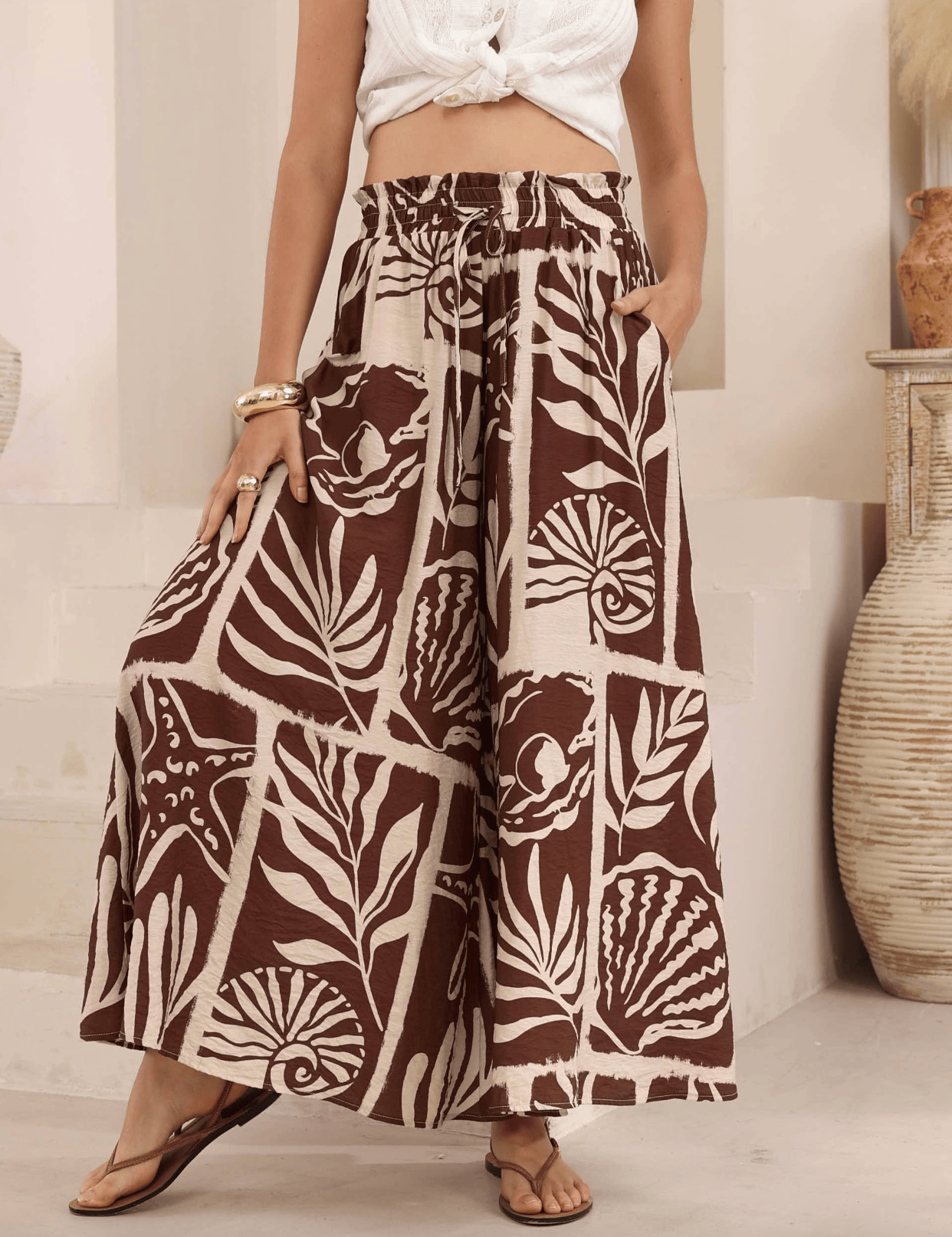 Iris Maxi Iris Maxi Mocha Sea Shells Wide Leg Pant Iris Maxi Mocha Sea Shells Wide Leg Pant Splash Swimwear Womens Pants