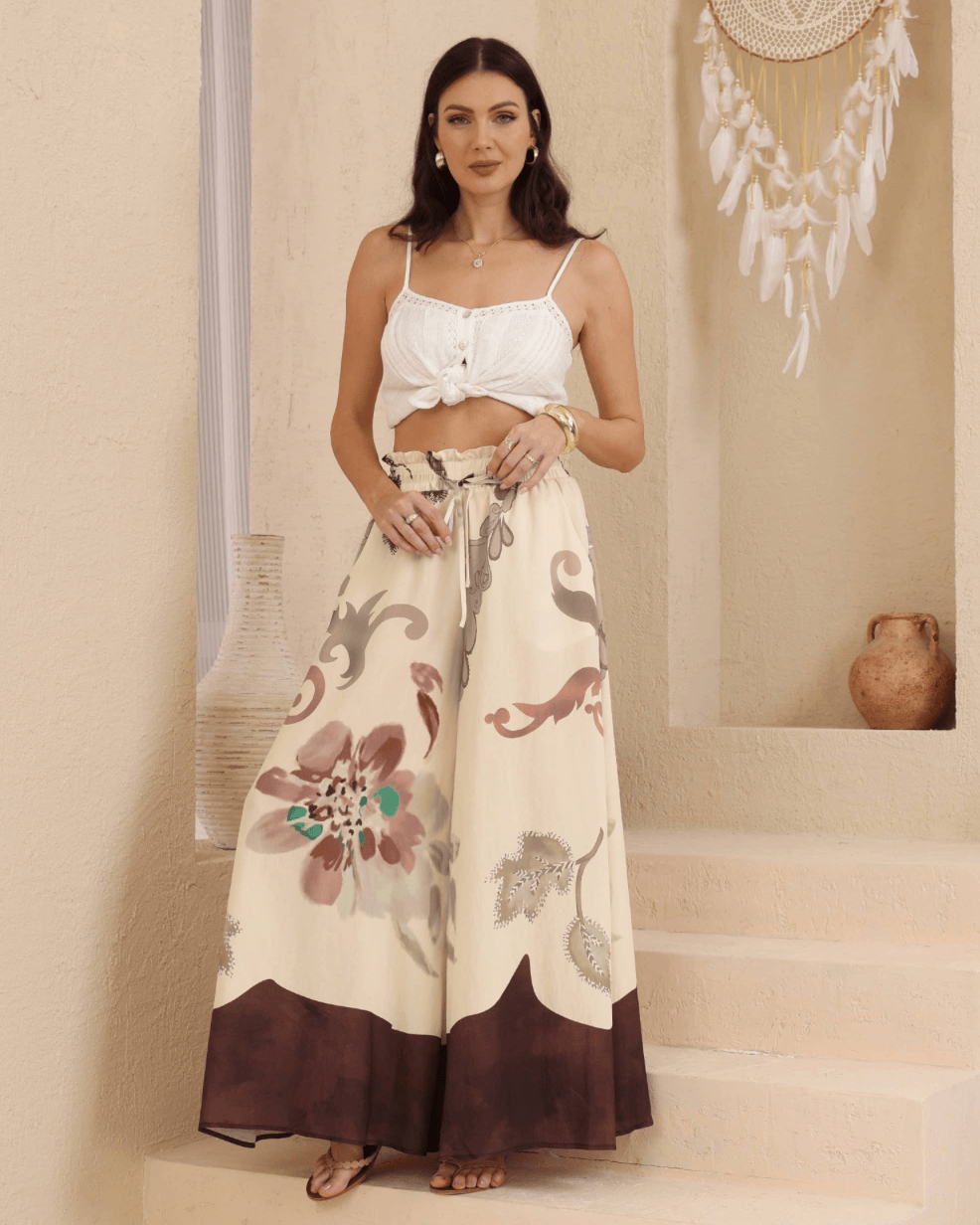 Iris Maxi Iris Maxi Watercolour Floral Wide Leg Pants - Choc Iris Maxi Watercolour Floral Wide Leg Pants - Choc Splash Swimwear Womens Pants