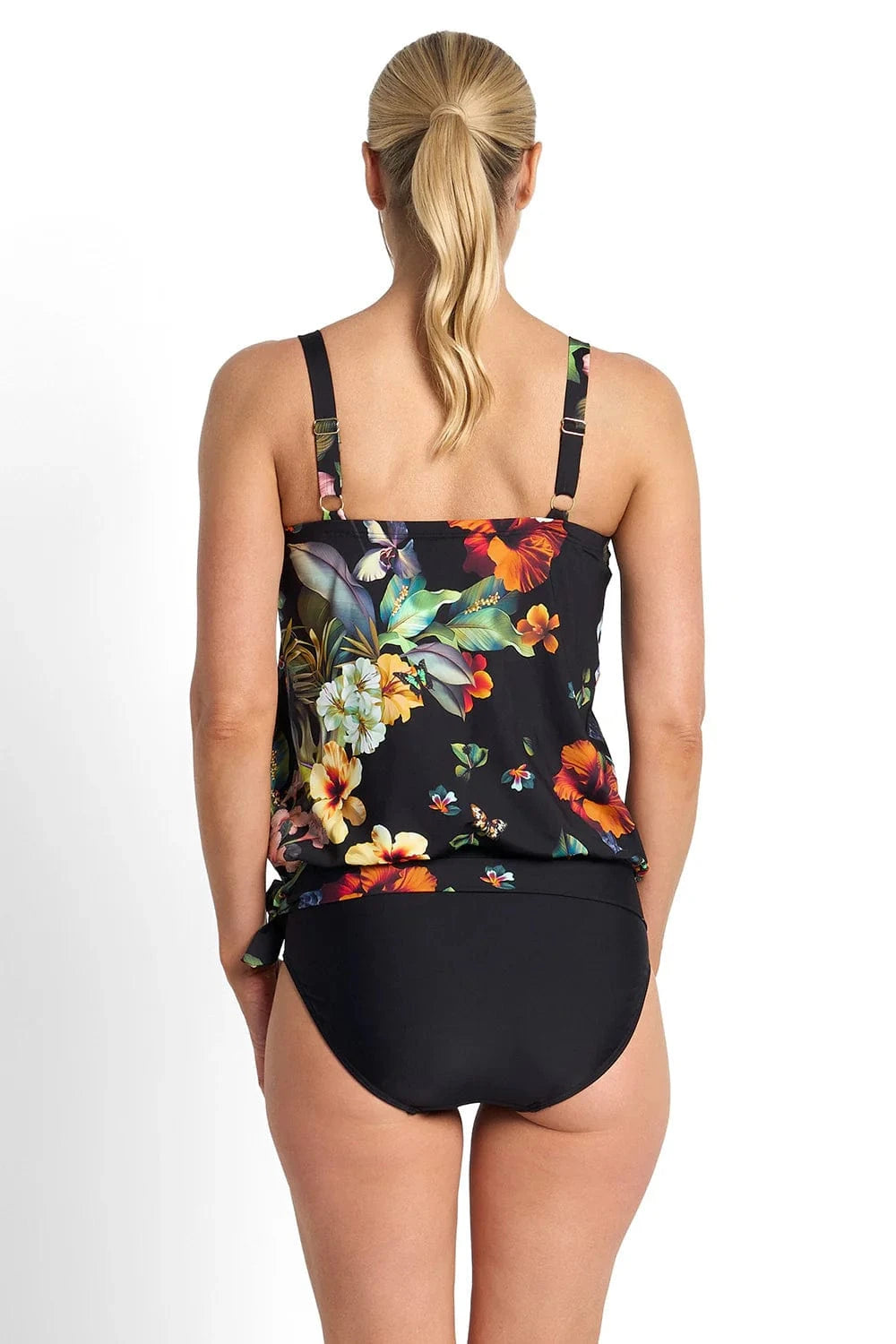 Jantzen Jantzen Hibiscus Bandeau Blouson Singlet - Black Jantzen Hibiscus Bandeau Blouson Singlet - Black Splash Swimwear