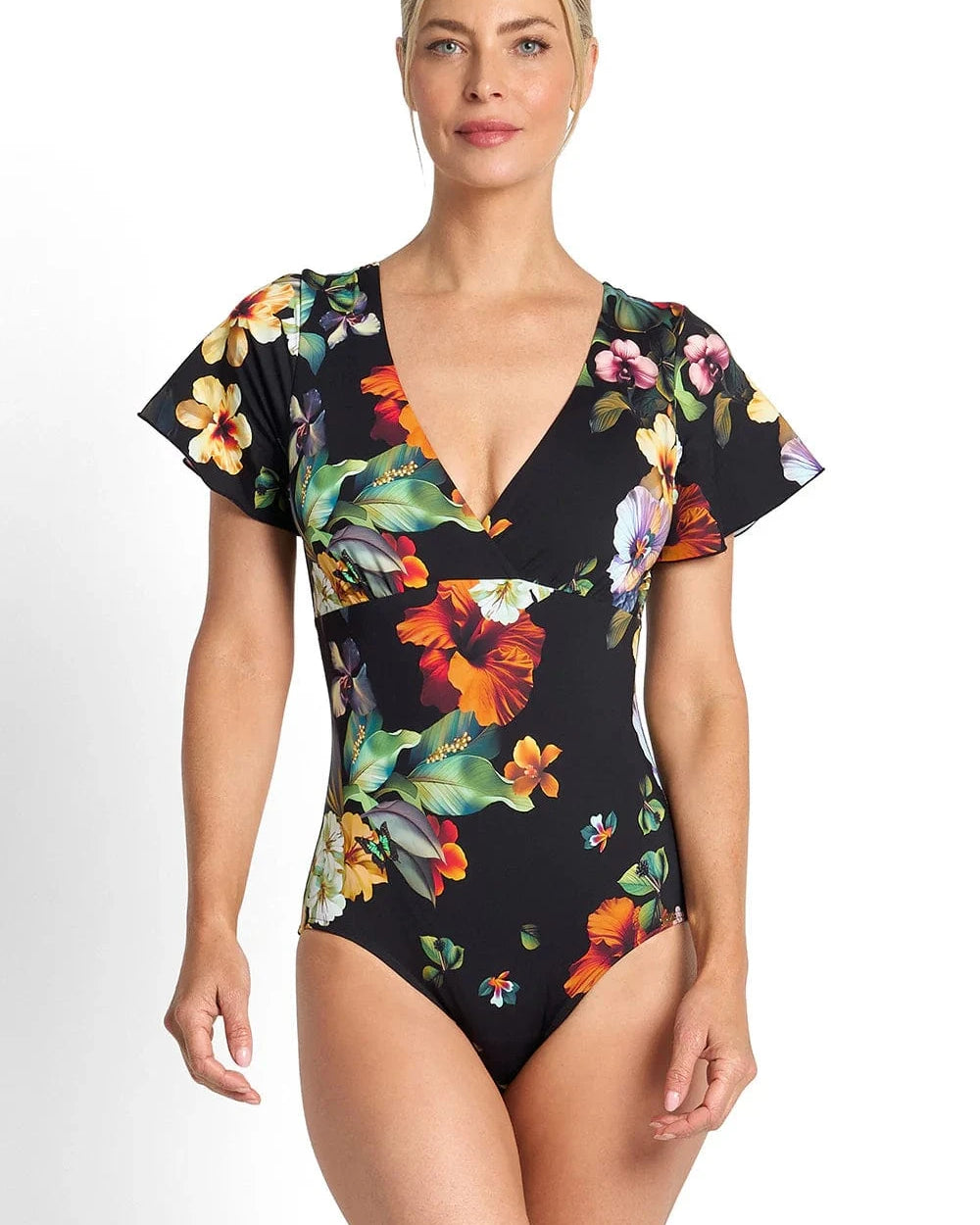 Jantzen Jantzen Hibiscus Flutter Sleeve One Piece - Black Jantzen Hibiscus Flutter Sleeve One Piece - Black Splash Swimwear