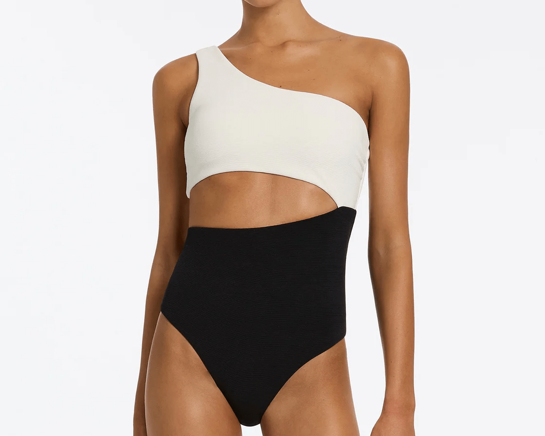 Jets Jets Versa Rib One Shoulder One Piece- Black/Cream Jets Versa Rib One Shoulder One Piece- Black/Cream Splash Swimwear Womens Swimwear