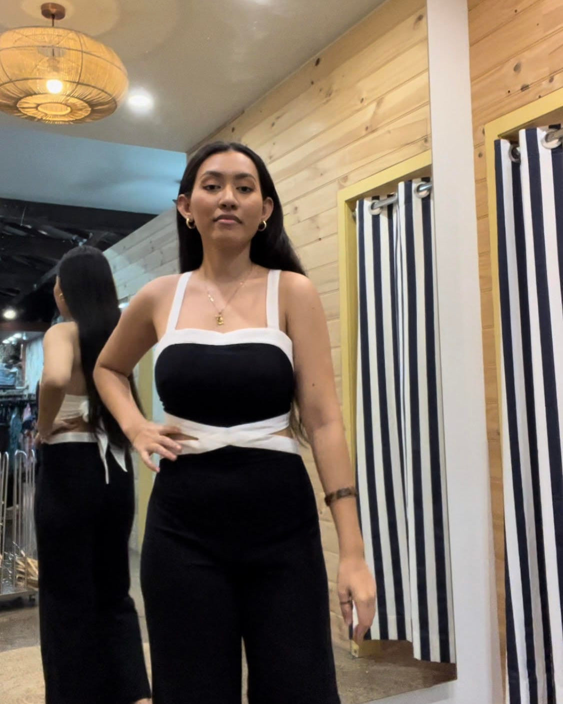 Just JoDesign Linen Tie Back Jumpsuit - Blk/Wht Splash Swimwear