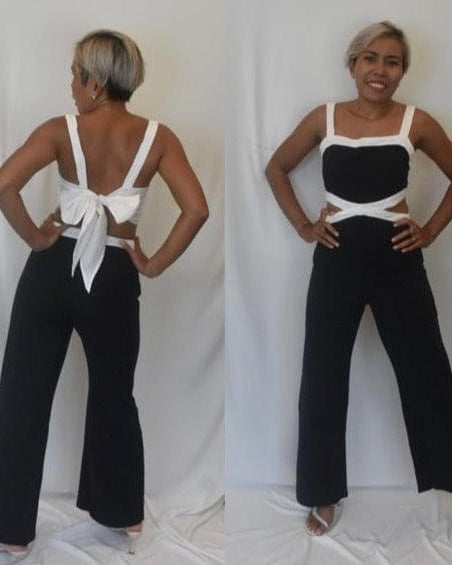 Just JoDesign Linen Tie Back Jumpsuit - Blk/Wht Splash Swimwear